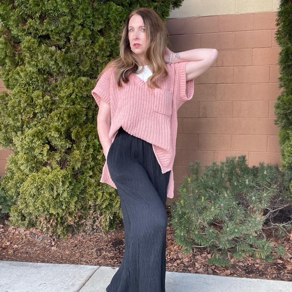 Chenille Short-sleeve Pink Oversized Sweater